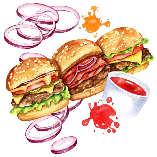 Gruppo di hamburger dell'acquerello con fettine di carne di insalata di pomodori cipolla e salsa di tomat isolata su briciolo