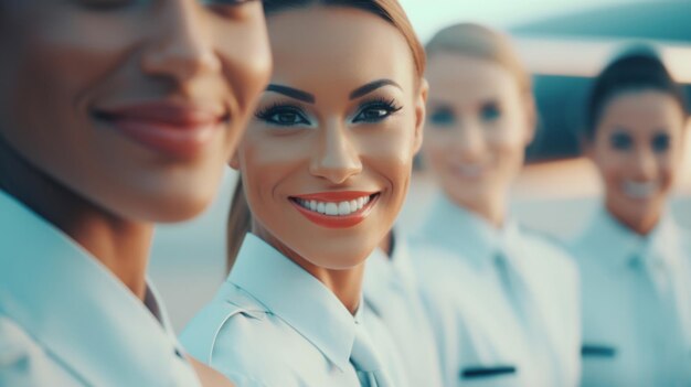 Gruppo di hostess sorridenti concetto di viaggio di servizio amichevole dell'equipaggio di cabina