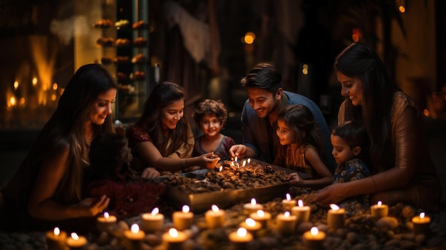 Gruppo di indiani che accendono le candele per la festa di Diwali