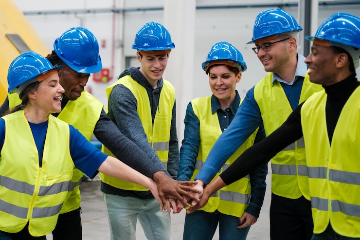 Foto gruppo di ingegneri che celebrano i successi nella fabbrica di robotica