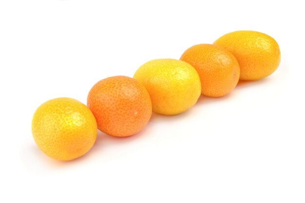 Gruppo di kumquat maturo sulla piastra su bianco