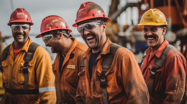gruppo di lavoratori della piattaforma petrolifera offshore che indossano dispositivi di protezione individuale