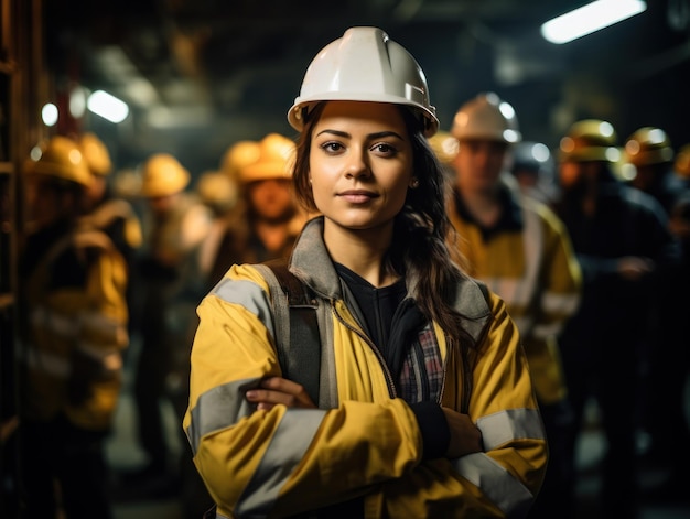 Gruppo di lavoratori guidati da donne che indossano abiti di progetto e casco in un progetto