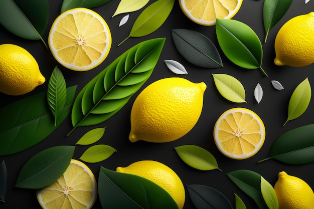 Gruppo di limoni con foglie su sfondo nero IA generativa