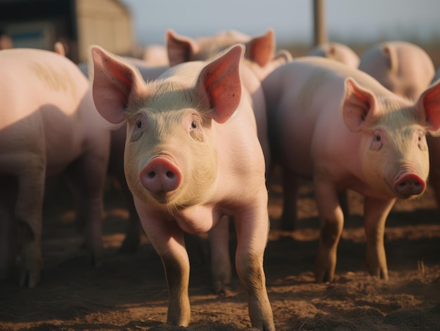 Gruppo di maiali nell'aia generativa dell'azienda agricola