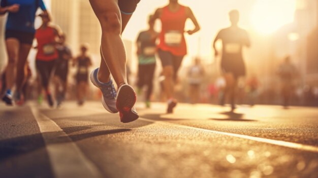 Gruppo di maratoneti in vista dal basso della città dei corridori in competizione