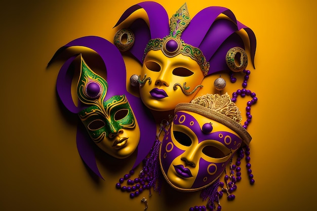 Gruppo di mardi gras veneziani maschera o travestimento su una rete neurale ai di sfondo luminoso colorato