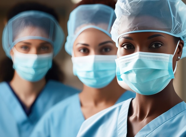 Gruppo di medici e infermieri che mostrano le maschere in ospedale