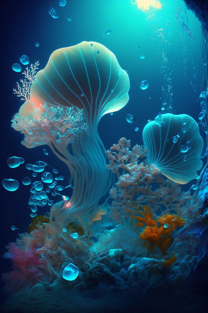 Gruppo di meduse che galleggiano sopra uno specchio d'acqua Generativo Ai