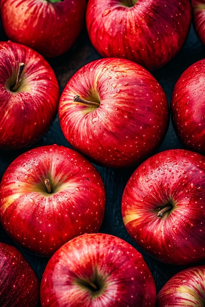 Gruppo di mele rosse, alcune delle quali hanno una piccola parte della parte superiore rimossa per l'esposizione