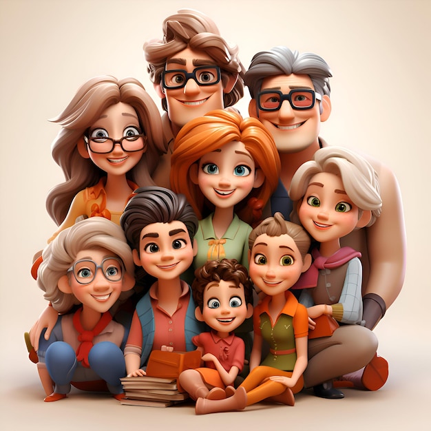 Gruppo di membri felici della famiglia con libri 3D render illustration