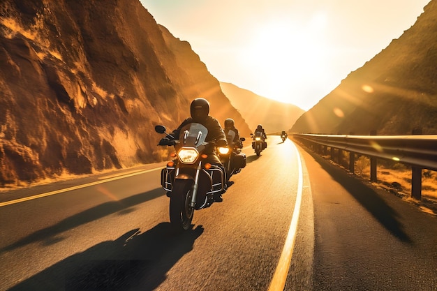 gruppo di motociclisti che cavalcano insieme al tramonto ai ha generato l'arte