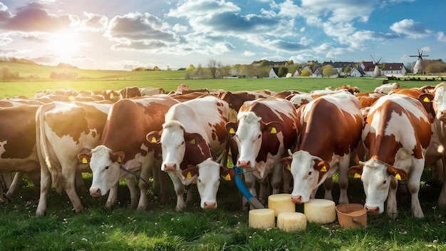 Gruppo di mucche che producono latte per il formaggio gruyère in Francia in primavera