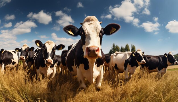 Gruppo di mucche che si riuniscono in un campo sullo sfondo della campagna
