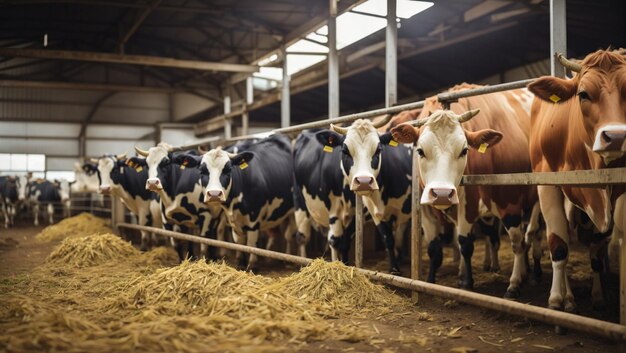 Gruppo di mucche in una stalla che mangia fieno o foraggio in un'azienda lattiero-casearia