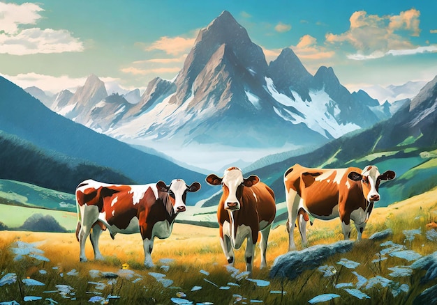 gruppo di mucche nel prato con sfondo di montagna