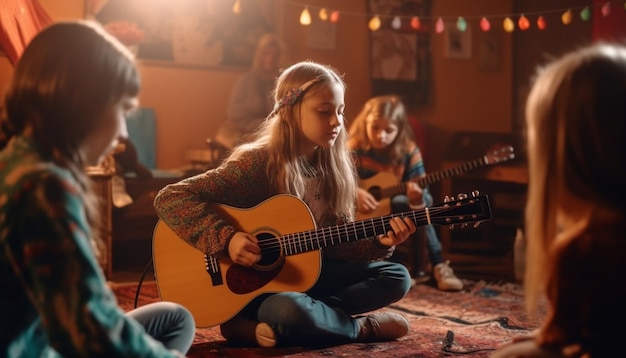 Gruppo di musicisti che suonano la chitarra godendosi la musica insieme IA generativa