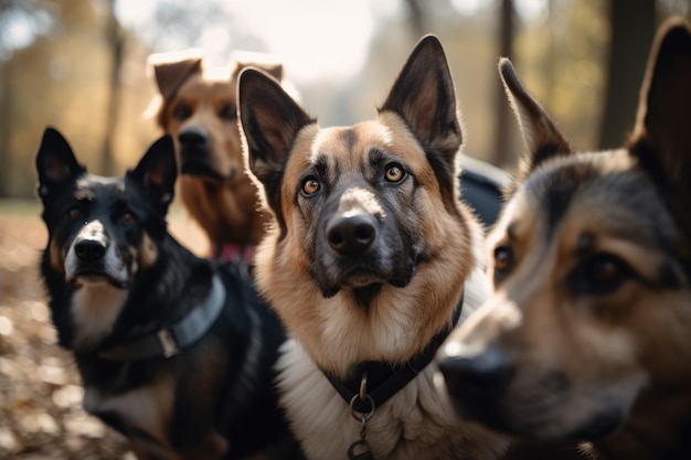 Gruppo di occhi canini fissi e concentrati sul loro proprietario in un parco creato con l'IA generativa