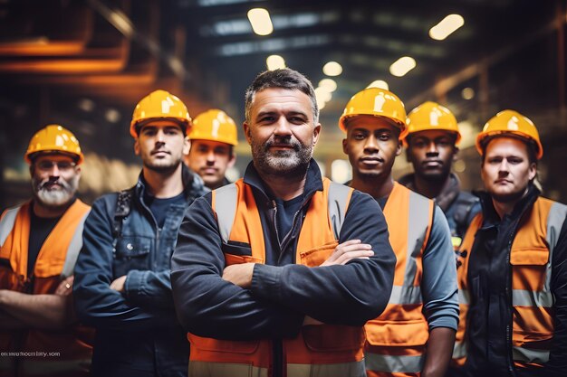 Gruppo di operai ingegneri lavoro di squadra persone diverse razza mista nell'industria pesante in piedi sicuro