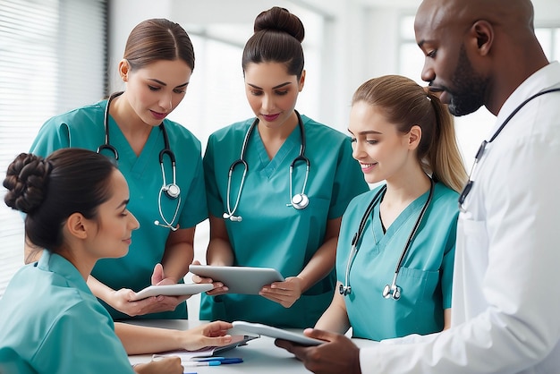 Gruppo di operatori sanitari con tablet digitali in riunione nella sala riunioni dell'ospedale Personale medico durante la riunione mattutina