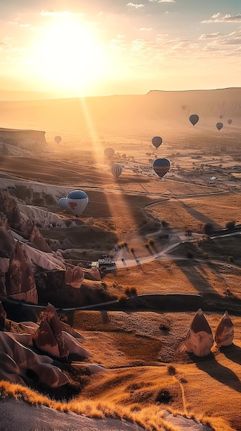 Gruppo di palloncini che volano nel cielo sopra le montagne nella mattinata estiva all'alba Illustrazione dell'IA generativa