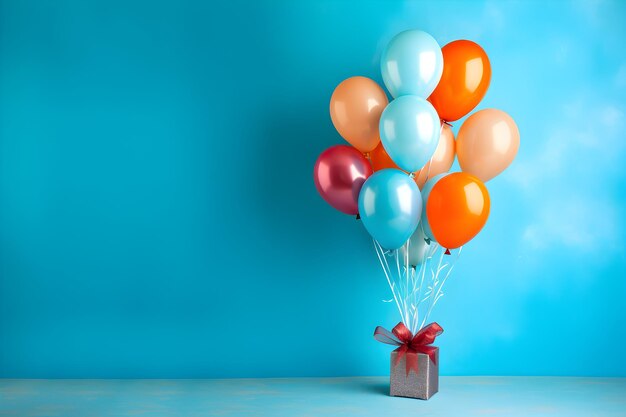 Gruppo di palloncini colorati legati con una scatola regalo su uno sfondo blu della parete con spazio di copia festa di matrimonio di compleanno o concetto di celebrazione generata da AI