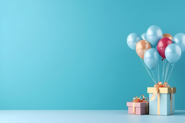 Gruppo di palloncini colorati legati con una scatola regalo su uno sfondo blu della parete concetto di festa di compleanno