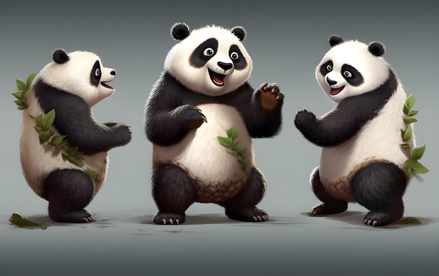 Gruppo di panda adorabili in uno studio girato giocoso e carino