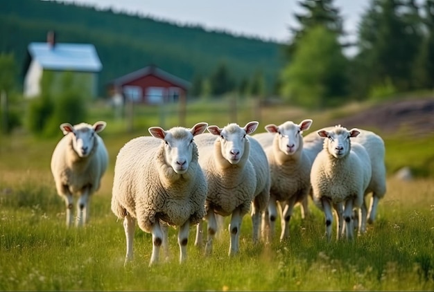 Gruppo di pecore e agnello su un prato con erba verde
