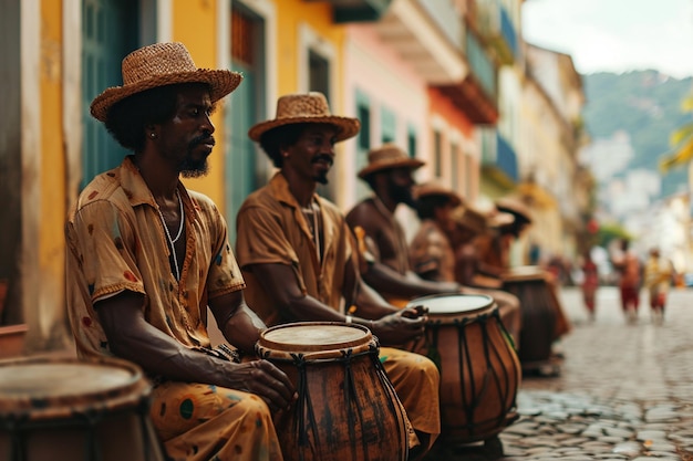 Gruppo di percussionisti che suonano i bongo per strada