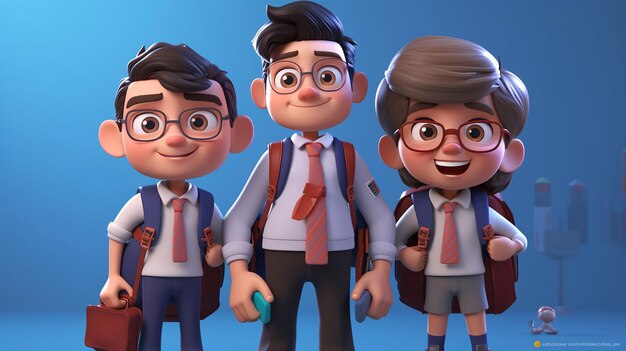 Gruppo di personaggi dei cartoni animati 3D Ragazzi studenti carini IA generativa