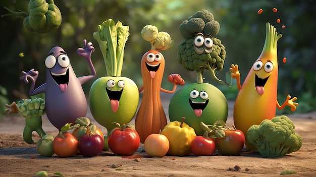 gruppo di personaggi dei cartoni animati di frutta e verdura