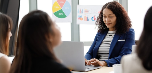 Gruppo di personale asiatico di mezza età felice di successo rilassante donna d'affari ufficiale lavoratore in abito formale seduto su sedie sorridente prendere una pausa caffè insieme nella sala riunioni.