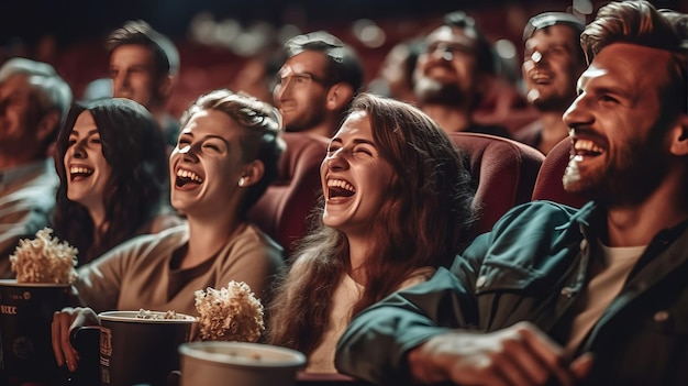 Gruppo di persone allegre che ridono mentre guardano un film al cinema