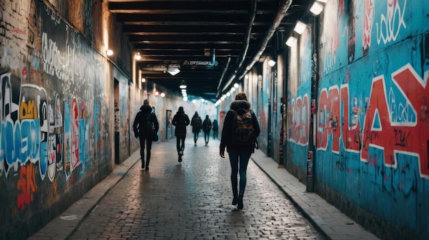 Gruppo di persone che camminano accanto a muri ricoperti di graffiti