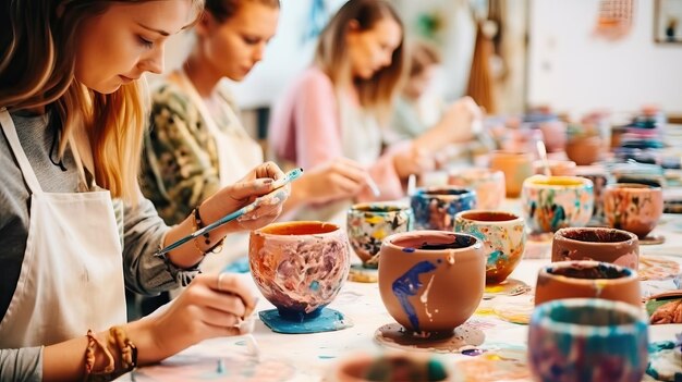 Gruppo di persone che dipingono argilla Attività Hobbie indoor pittura ad acquerello Chiudere le mani