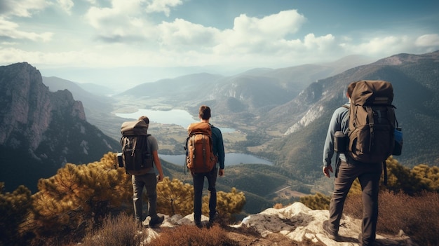 gruppo di persone che fanno escursioni in cima alla montagna e in uno stile di vita attivo