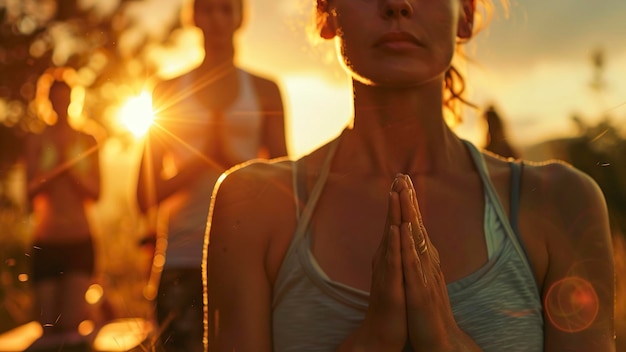 gruppo di persone che fanno yoga in natura tempo di yoga in natura persone che si rilassano in natura