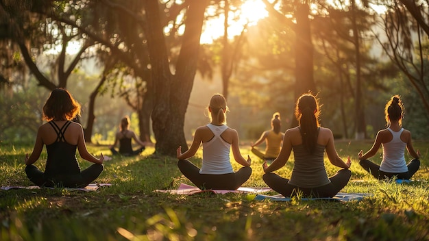 gruppo di persone che fanno yoga in natura tempo di yoga in natura persone che si rilassano in natura