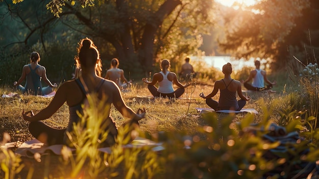 gruppo di persone che fanno yoga in natura tempo di yoga in natura persone che si rilassano in natura