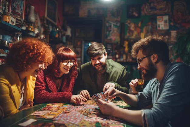 Gruppo di persone che giocano a un gioco da tavolo in un bar.