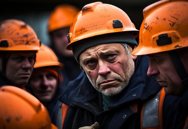 Gruppo di persone che indossano cappelli duri arancione