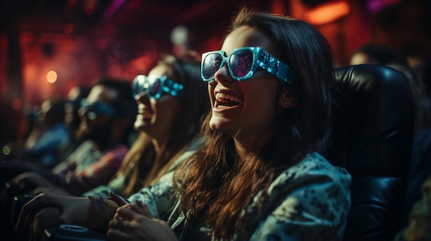 Gruppo di persone che indossano occhiali 3D che guardano un film al cinema