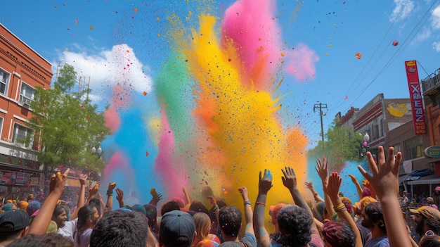 Gruppo di persone che lanciano polvere colorata in aria