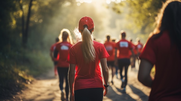 Gruppo di persone che partecipano a una maratona in natura all'aperto che corre nella foresta in una calda giornata estiva