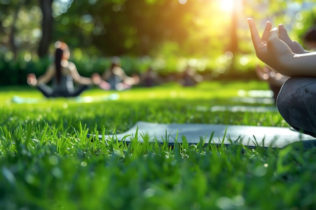 Gruppo di persone che praticano yoga in un parco verde felici nella natura