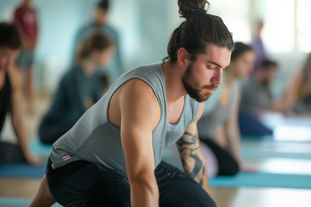 Gruppo di persone che praticano yoga in uno studio insegnante di yoga e studenti