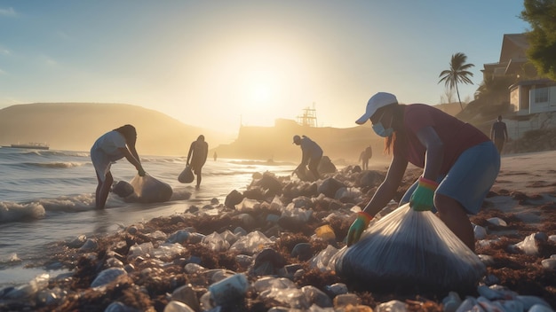 Gruppo di persone che puliscono la spiaggia al tramonto