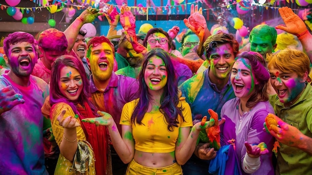 Gruppo di persone che si godono il colore holi