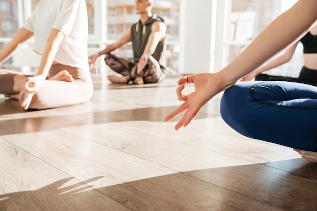 Gruppo di persone che si siedono e che meditano nello studio di yoga